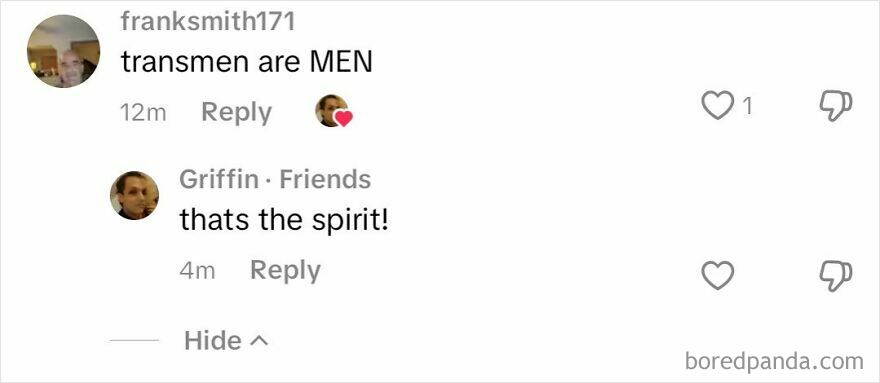A social media comment thread showing accidental LGBTQ+ allyship, with users discussing transmen are men.