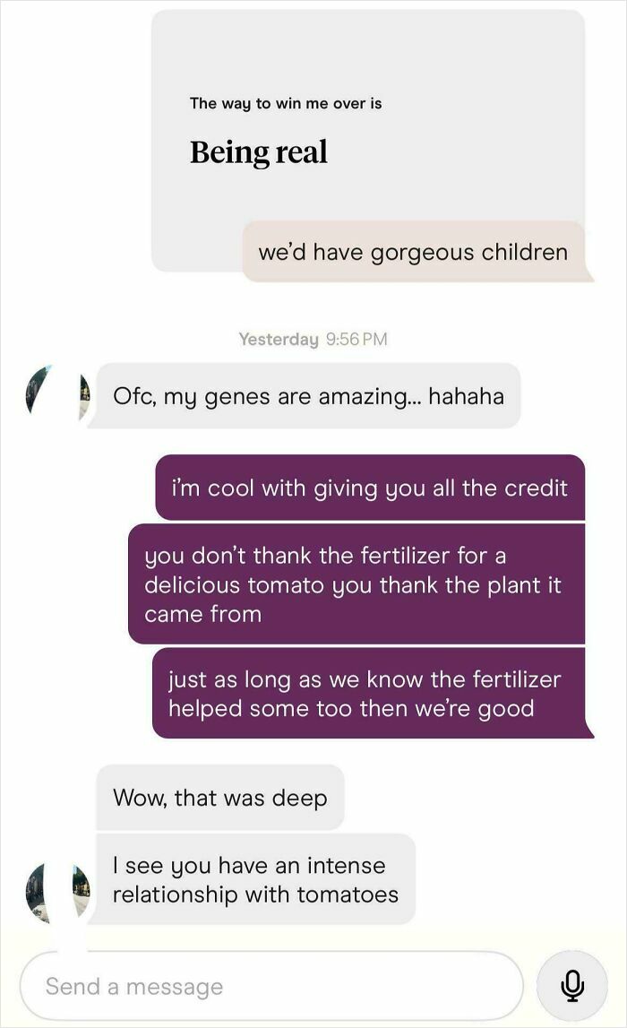 A funny text exchange about genes, gorgeous children, and tomatoes, sure to make you laugh today.