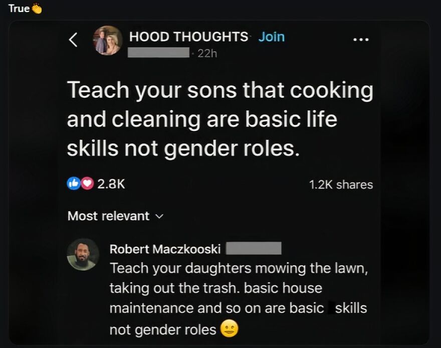A social media post on gender roles in household chores, sparking LGBTQ+ allyship discussions about equality.