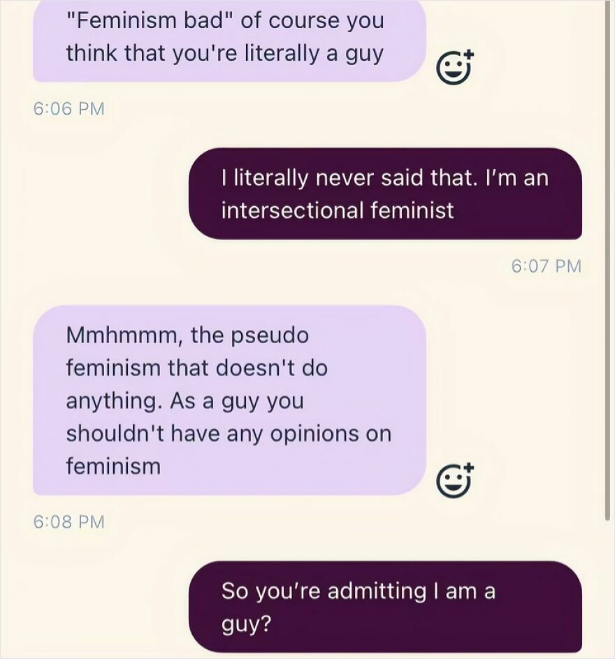 A screenshot of a text conversation showing accidental LGBTQ+ allyship, discussing feminism and gender identity.