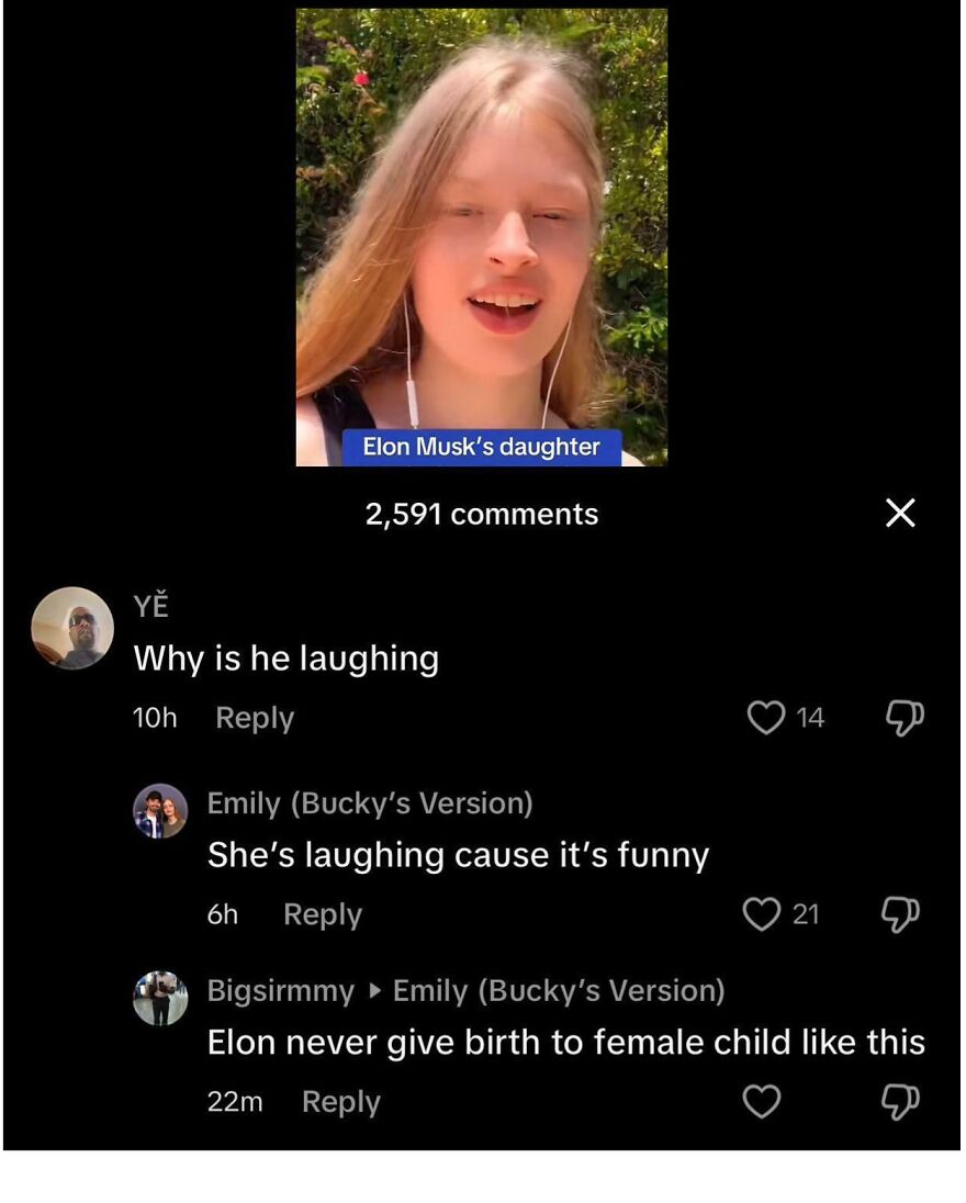 A video of a young blonde person labeled Elon Musks daughter with comments showing accidental LGBTQ+ allyship through ignorance.