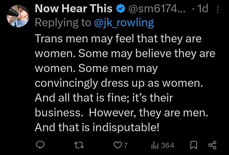 A social media post on a dark background discussing transgender men, an example of accidental LGBTQ+ allyship.