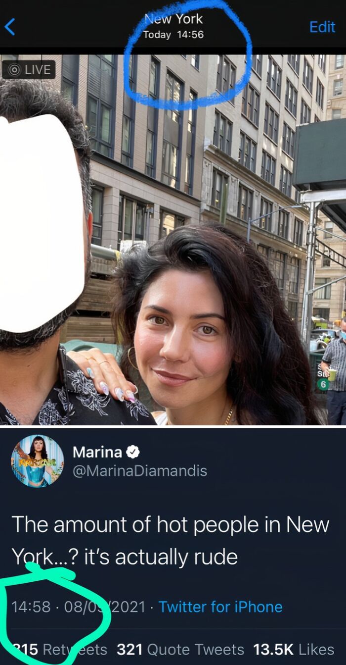 A selfie showing a celebrity encounter with Marina and a fan in New York, featuring a blurred face.