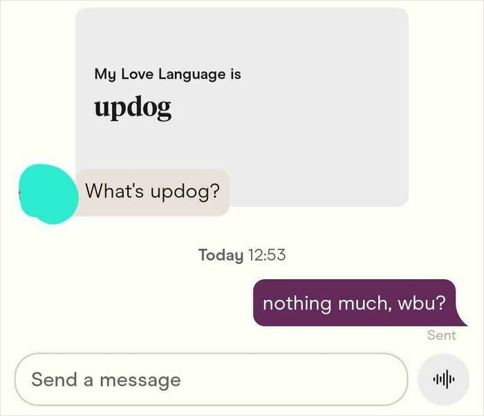 A funny text exchange where someone uses "updog" in their love language, leading to a classic pun. Laugh today!