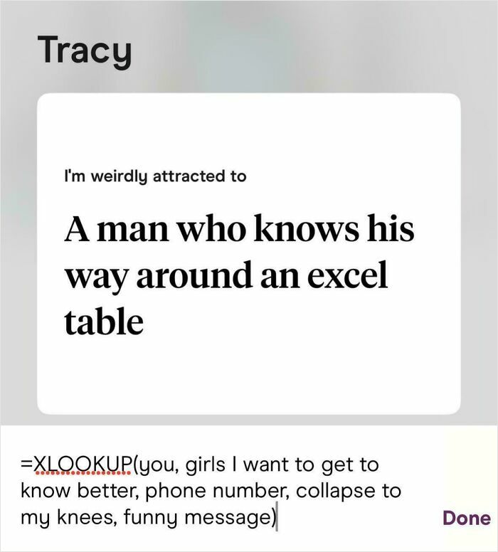A dating app profile where Tracy is attracted to Excel skills, with a funny Excel formula text exchange.