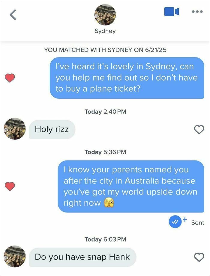 A funny text exchange on a dating app with cheesy pickup lines and responses, providing a good laugh today.