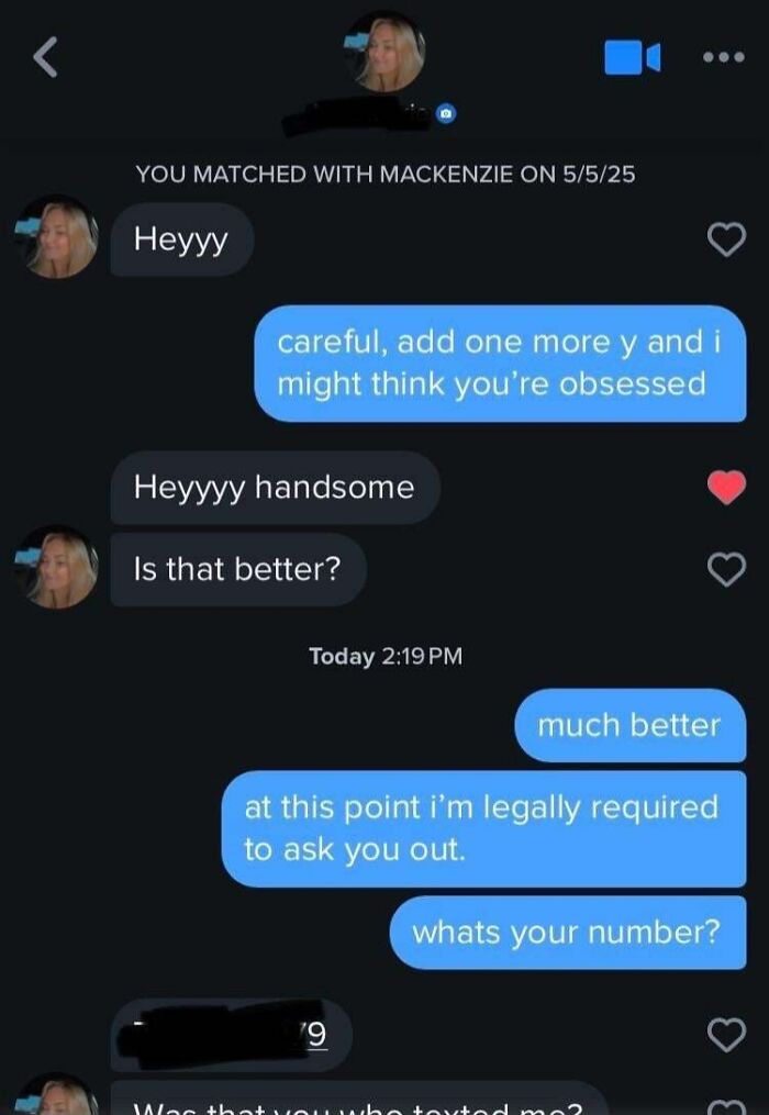 A screenshot of a funny text exchange, showing a playful banter between two people on a dating app. The conversation starts with Heyyy and escalates with humorous flirting.