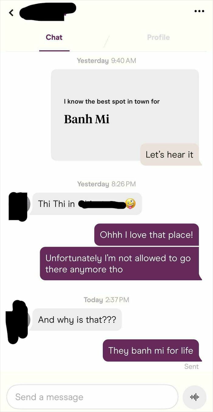 A funny text exchange about Banh Mi, leading to a punny reason for being banned. These funny texts make you laugh today.