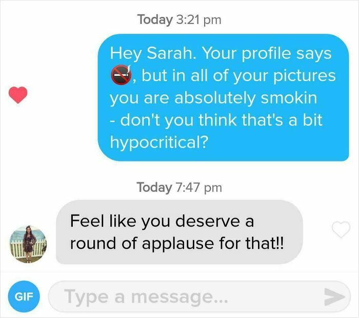 A funny text exchange where someone compliments Sarah's smoking hot pictures, despite her profile saying "no smoking."