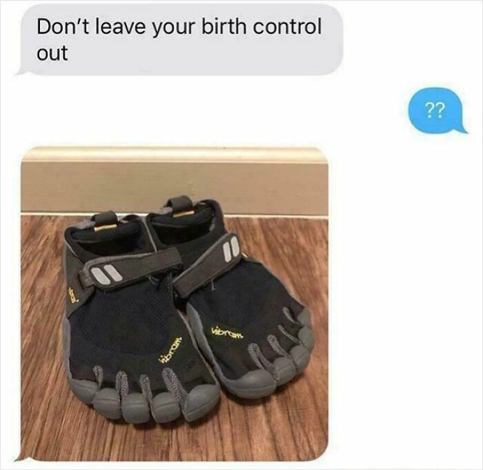 A funny text exchange shows someone mistaking toe shoes for birth control, leading to laughter and a puzzled response.