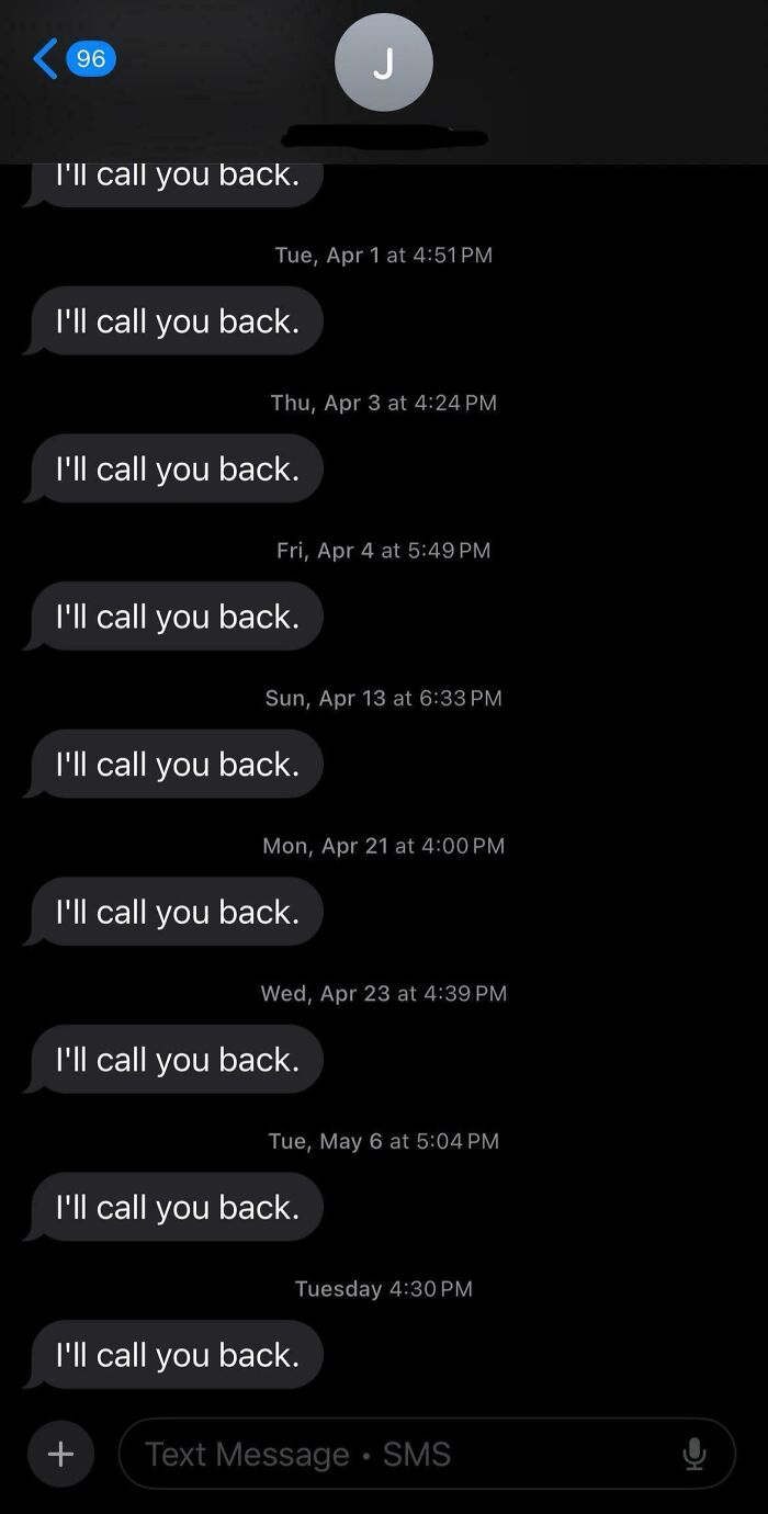 A series of repeated text messages saying I'll call you back. This funny text exchange shows a recurring message with different dates.