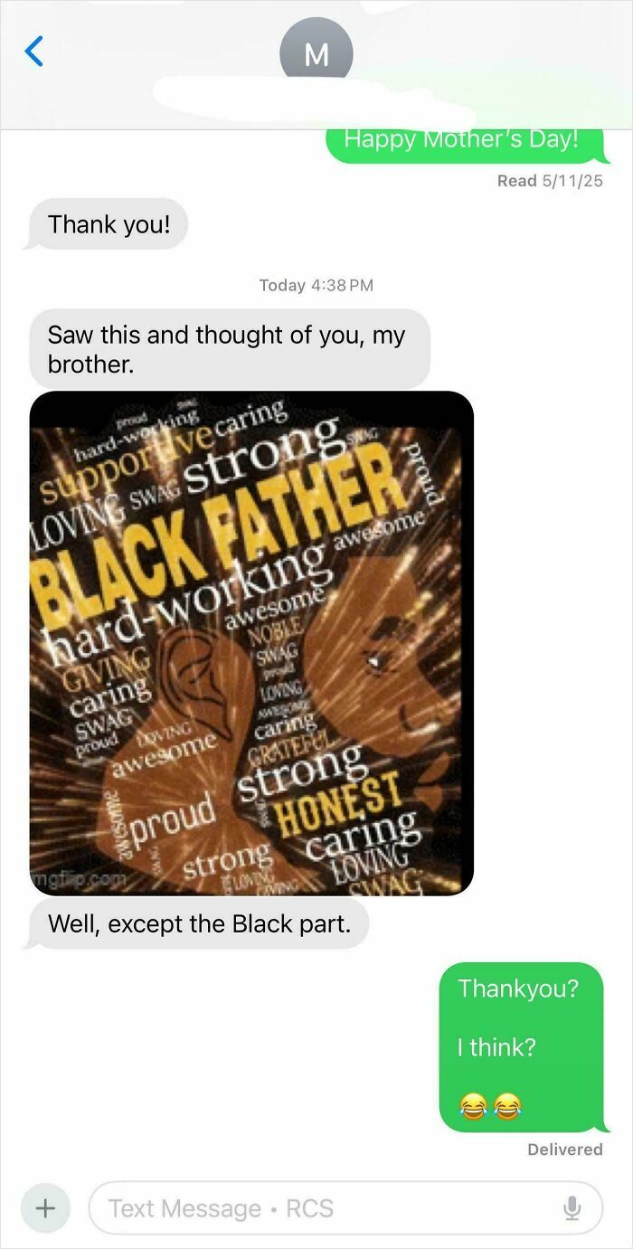 A funny text exchange where someone sends a Black Father graphic, then adds "Well, except the Black part," sparking laughter.