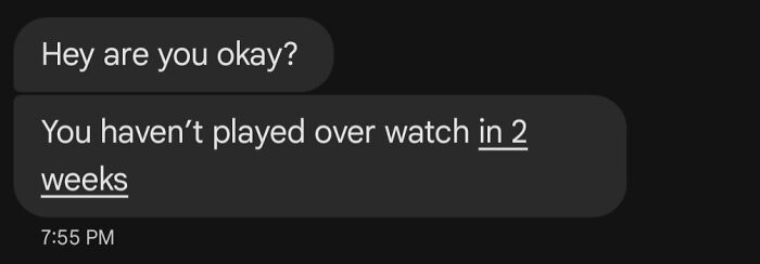 A funny text exchange where one person asks Are you okay? You haven't played Overwatch in 2 weeks. Laugh today.