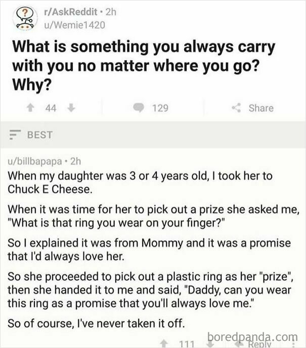 A Reddit post featuring a wholesome story about a father wearing a plastic ring from his daughter. A wholesome post showing a different side of the internet.