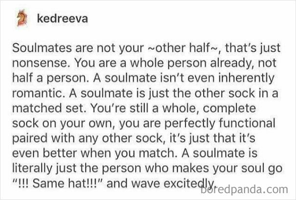 A wholesome post explaining that soulmates are not your other half, but someone who makes your soul excited.