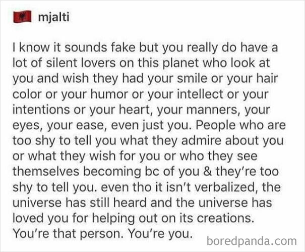 A wholesome post with text on a white background, sharing a heartwarming message about silent admirers and self-worth.