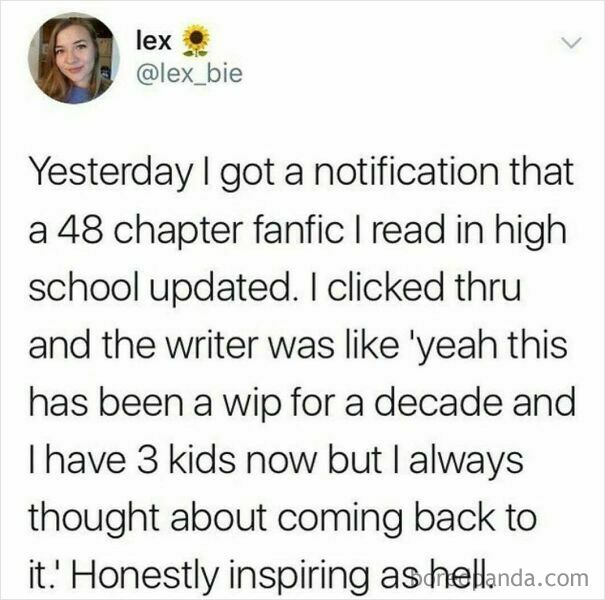 A wholesome post from Lex on Twitter about a fanfic updating after a decade, showing a different side of the internet.