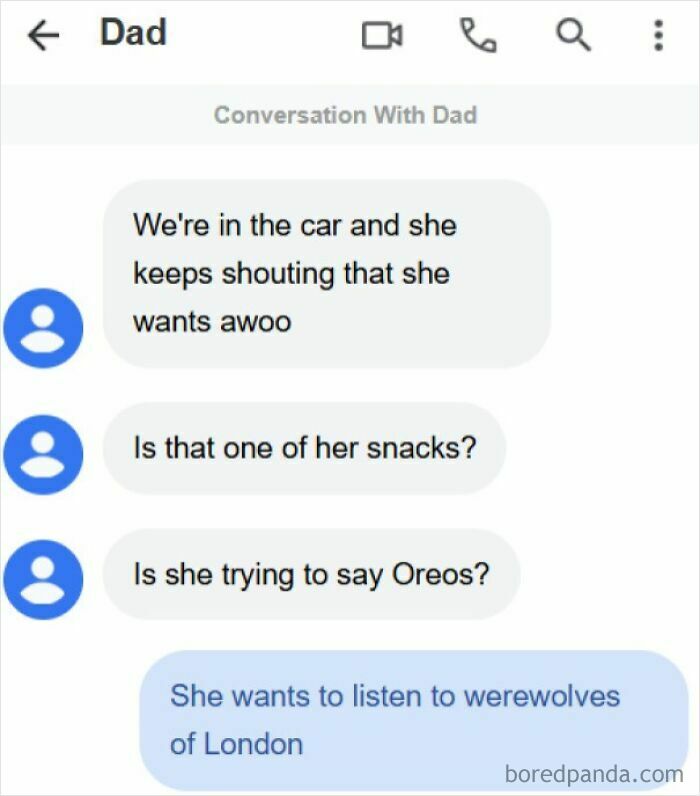 A humorous text conversation with Dads about a child shouting 'awoo' in the car, revealing she wants a song.