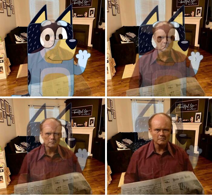A four-panel image of a Bluey cartoon character fading to reveal a man reading a newspaper. Feel-good posts for dads.