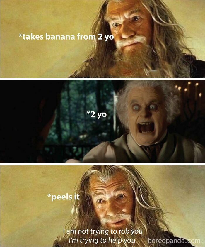 A Dads meme with Gandalf taking a banana from a screaming child and peeling it, with text "I'm not trying to help you."
