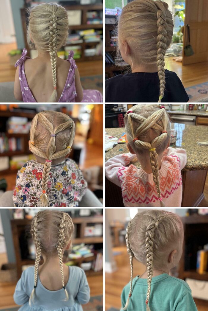 Multiple photos showcase various braided hairstyles on little girls, perfect for dads looking for new pics.