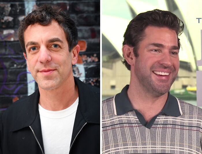 Side-by-side portraits of two men smiling demonstrating celebrity friendships