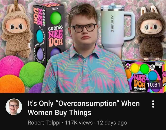 Man surrounded by various products, highlighting consumerism and price differences in new pics.