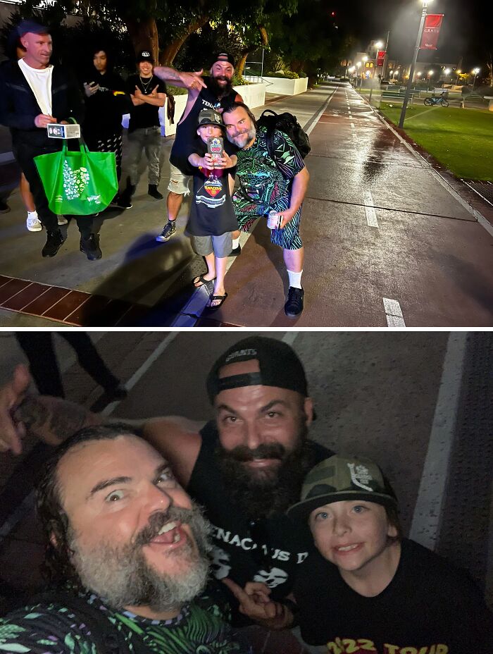 Jack Black and fans, including a child, posing for a selfie during a celebrity encounter. Wild photos of celebrity encounters.