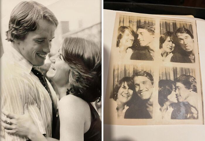 Black and white photo of smiling Arnold Schwarzenegger and Maria Shriver embracing, plus a strip of four celebrity encounters photo booth pictures.