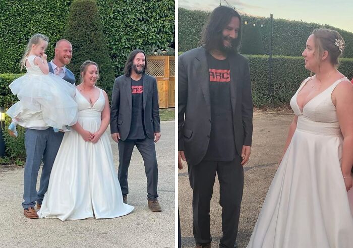 A bride and groom posing for photos with Keanu Reeves at their wedding. A wild celebrity encounter.
