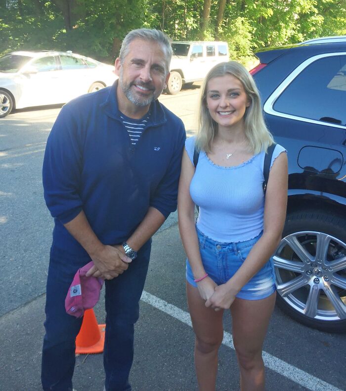Steve Carell and a fan smiling, capturing a moment of a celebrity encounter. These wild photos go beyond mere niceness.
