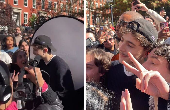 Celebrity encounters: Timothée Chalamet interacts with fans and a camera crew, wearing a cap, surrounded by excited people.
