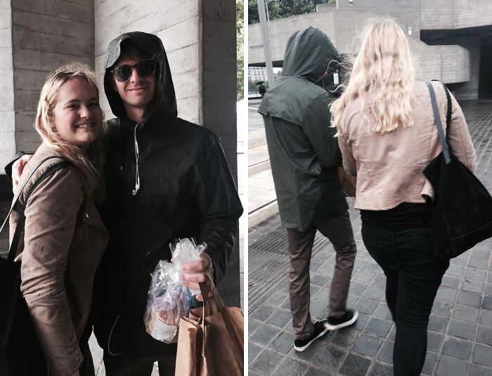 Two photos show a celebrity encounter. Left: a fan smiles next to a man in a hooded jacket and sunglasses. Right: the couple walks away. Wild photos of celebrity encounters.