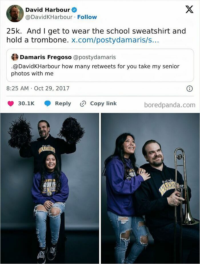 David Harbour and a fan in senior photos, showcasing wild celebrity encounters. He wears a school sweatshirt, holds a trombone.
