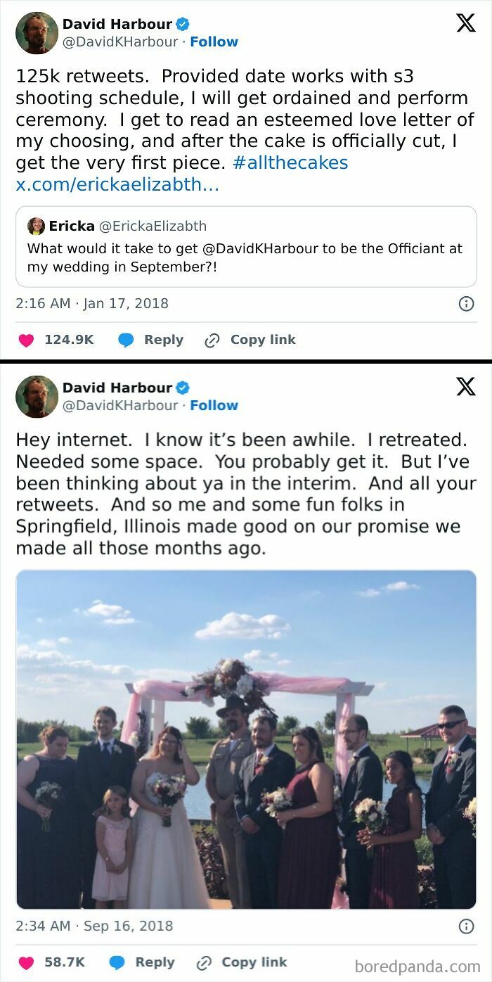 David Harbour tweets about officiating a wedding in Springfield, Illinois, showcasing a celebrity encounter.