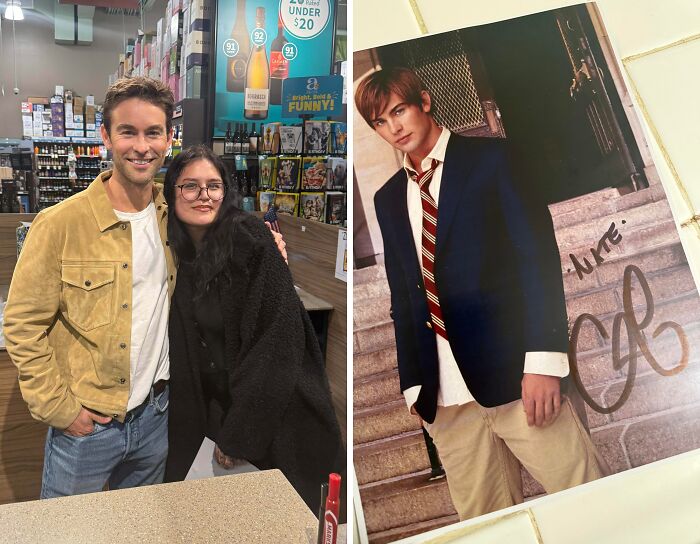 A celebrity encounter: Chace Crawford with a fan, smiling in a store, next to an autographed photo of him.