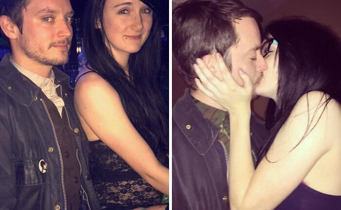 Two panels: a man and woman posing, then kissing. Wild photos of celebrity encounters reveal a passionate moment.