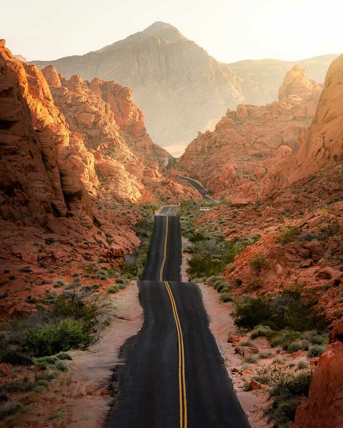 A winding desert road between towering red rock formations and distant mountains, offering a gentle reset.