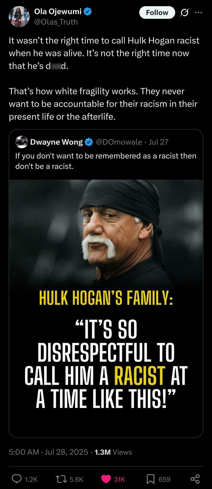 A tweet discusses racism and white fragility, featuring a picture of Hulk Hogan with text, offering important tweets from Black Twitter.