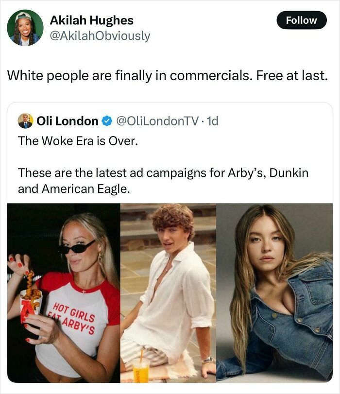 A tweet by Akilah Hughes showing recent ads with white people, sharing Black Twitter insights.