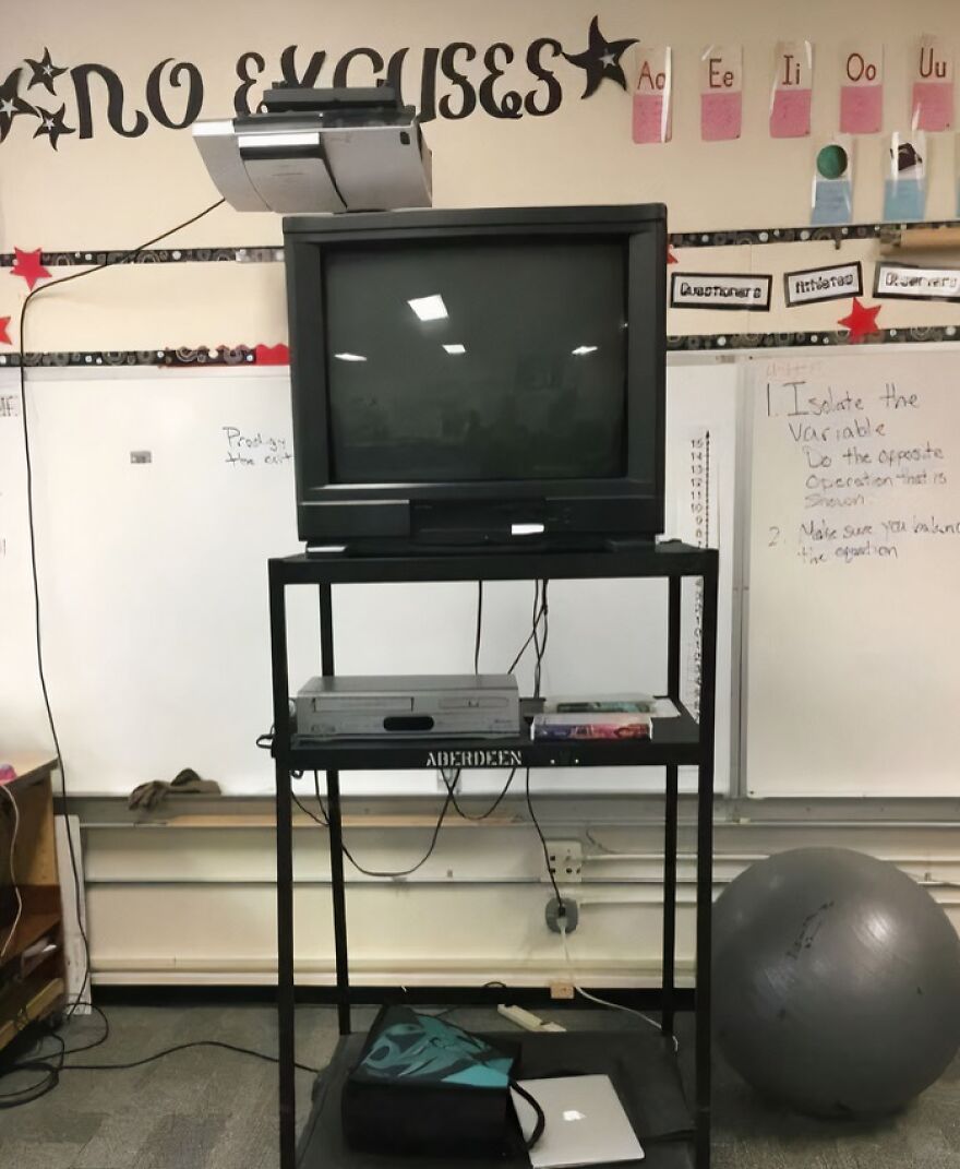 A classroom with an old TV, VCR, and overhead projector, evoking a trip down memory lane for many.