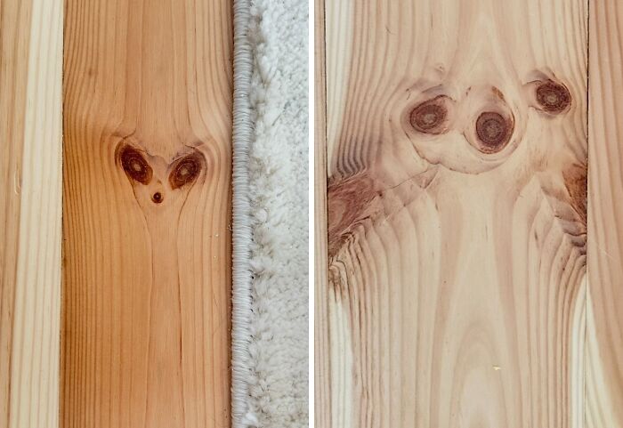 Wood knots on floorboards creating pareidolia faces in natural patterns