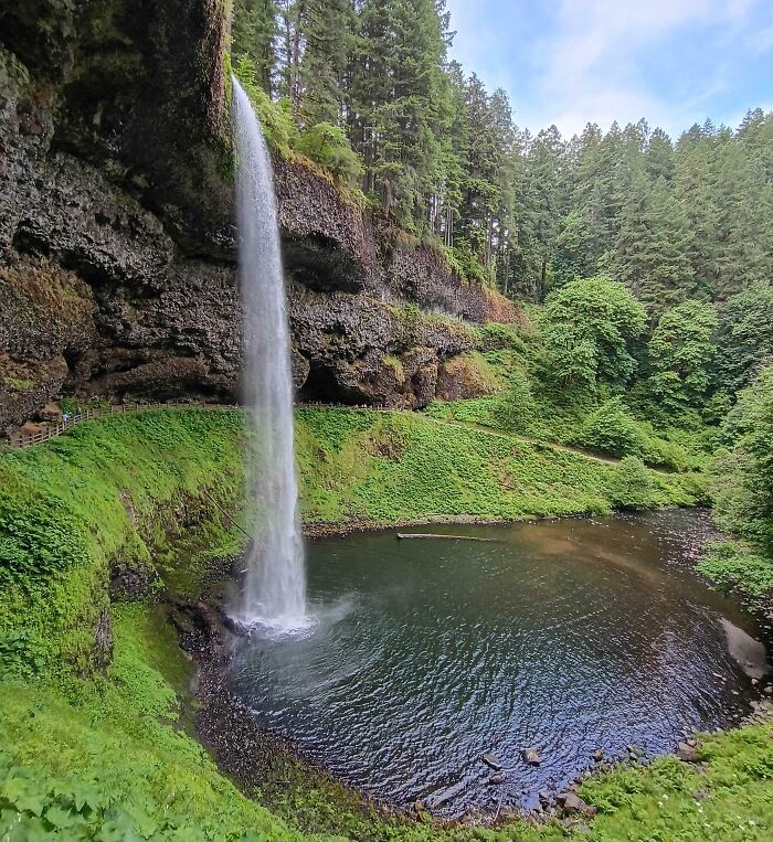 A breathtaking waterfall plunges into a tranquil pool surrounded by lush green foliage and towering trees, a satisfying picture.