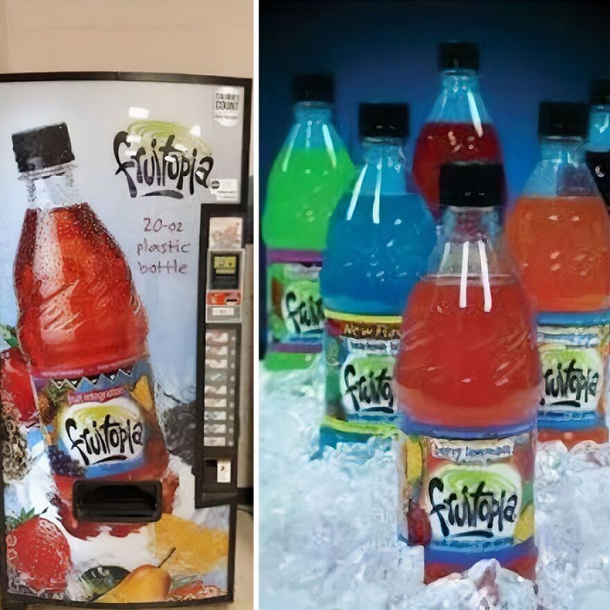 A Fruitopia vending machine next to colorful Fruitopia bottles on ice. This image takes a trip down memory lane.