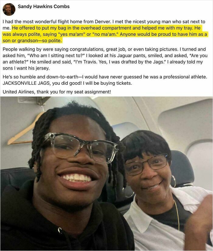 Celebrity encounters: Travis Etienne Jr. and a woman smiling for a photo on a plane, highlighting a positive interaction.