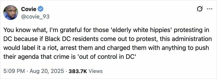 A tweet from Covie (@covie_93) expressing gratitude for white protestors in DC, discussing Black Twitter perspectives.