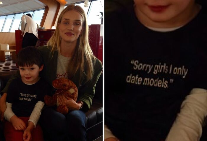 Celebrity encounters: Rosie Huntington-Whiteley and a boy wearing a shirt that says "Sorry girls I only date models."
