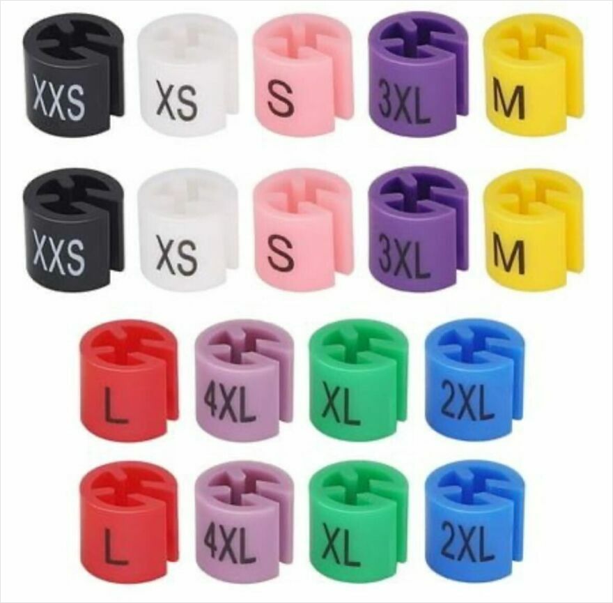 Colorful clothing size dividers (XXS to 4XL) on a white background, a trip down memory lane for retail workers.