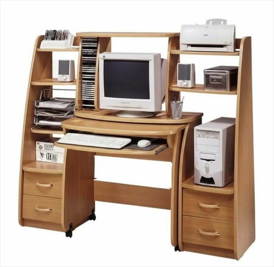 A beige computer desk with a CRT monitor, printer, and CD rack, offering a trip down memory lane to an earlier tech era.