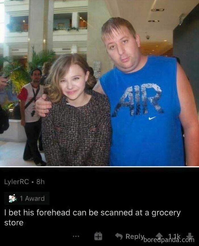A girl and a man with a distinct hairline. The comment is a rare burn, hitting hard with humor.